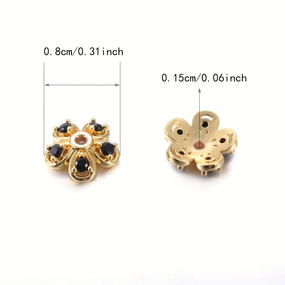 Brass Flower Bead Caps Set of 20 with Synthetic Cubic Zircons 6mm 8mm 10mm