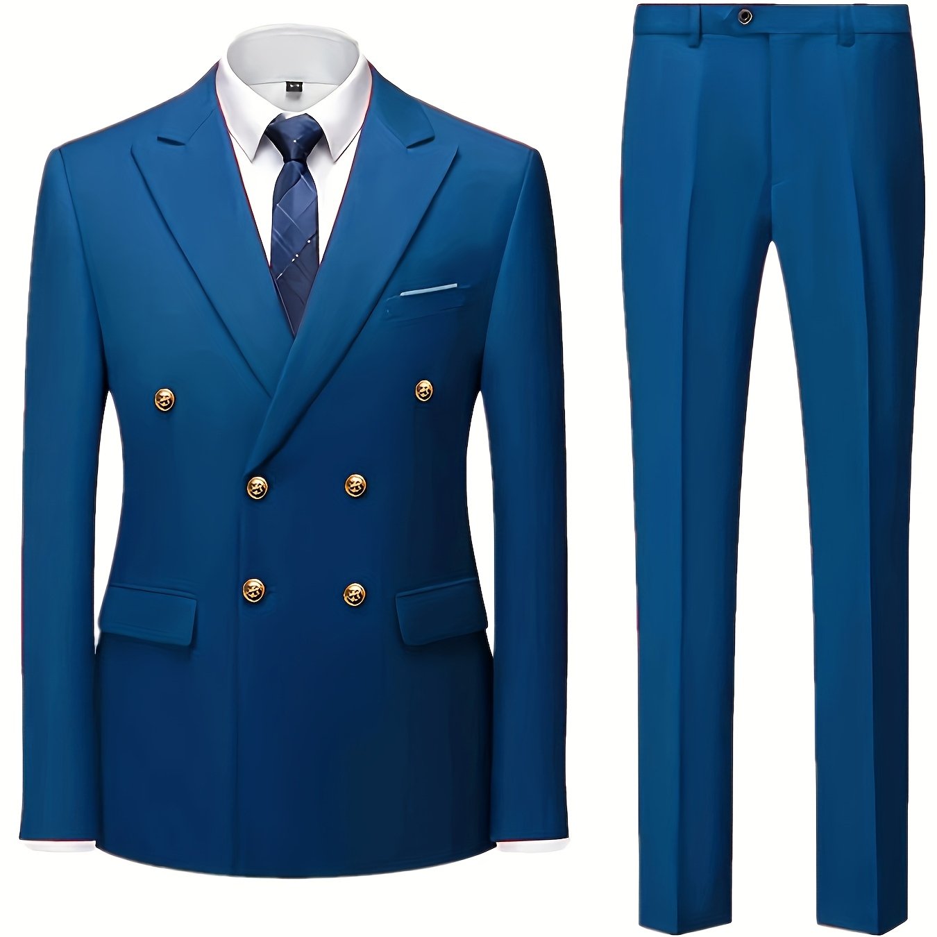 Men's Light Blue Slim Fit Double-Breasted Blazer and Pants Set for Formal Occasions