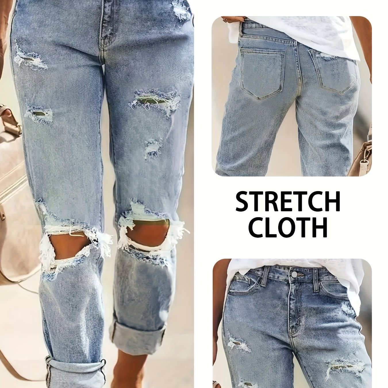 Women's Plus Size Light Blue Denim Straight-Leg Jeans with Frayed Hem