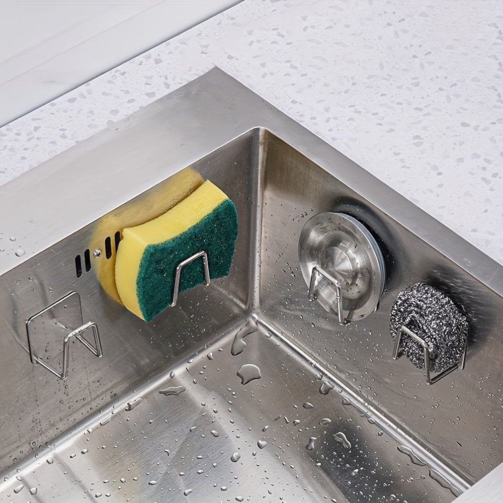 Stainless Steel Sink Sponge Holder Rack Wall Mount with Hooks and L-Shaped Design