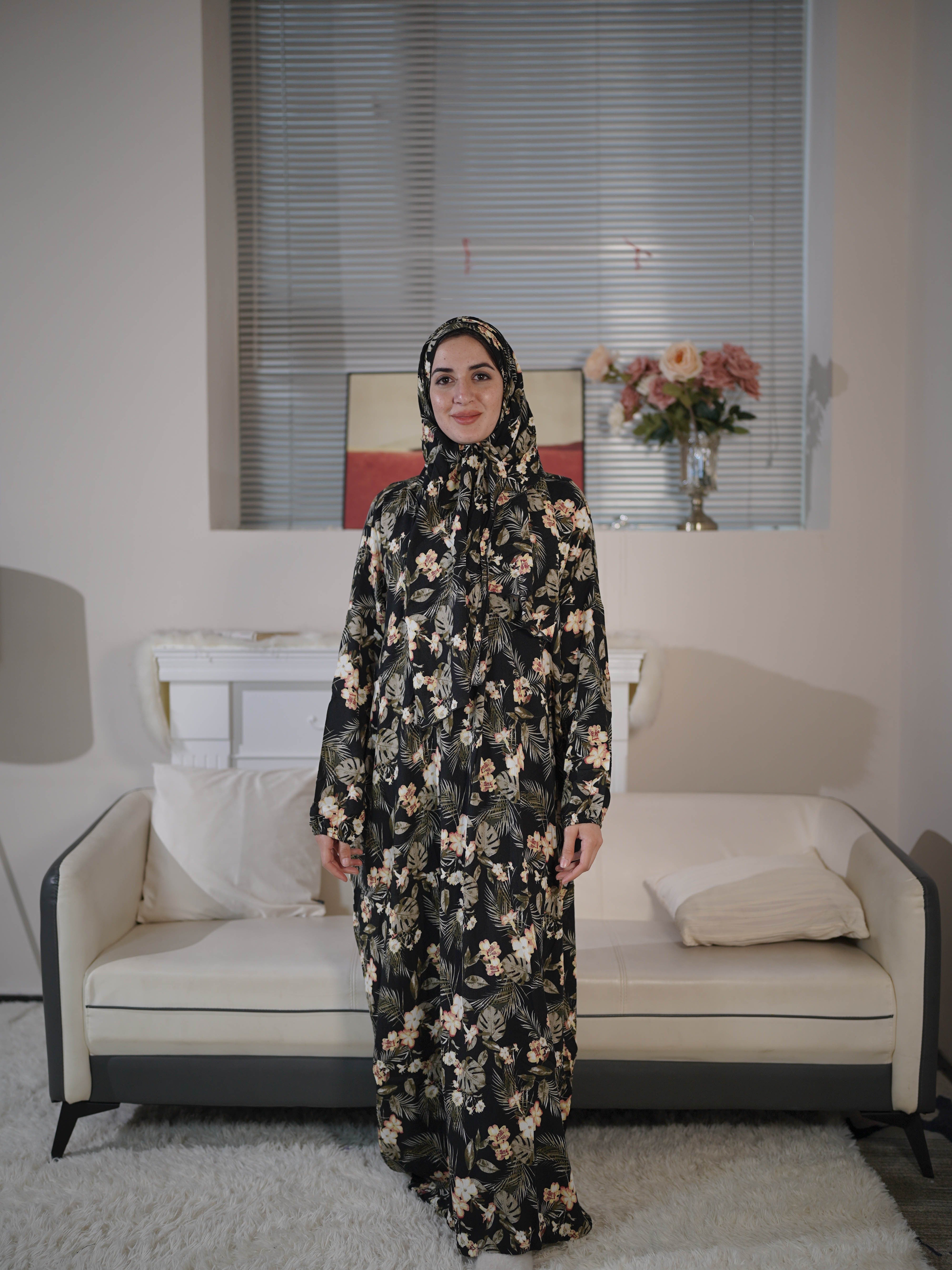 Women Rayon Floral Print Hijab Dress with Scarf Integration