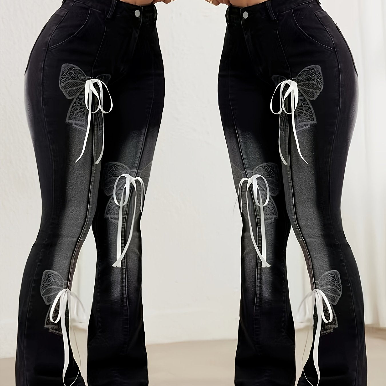 Plus Size Denim Flare Pants With Bow Print Casual Summer Women