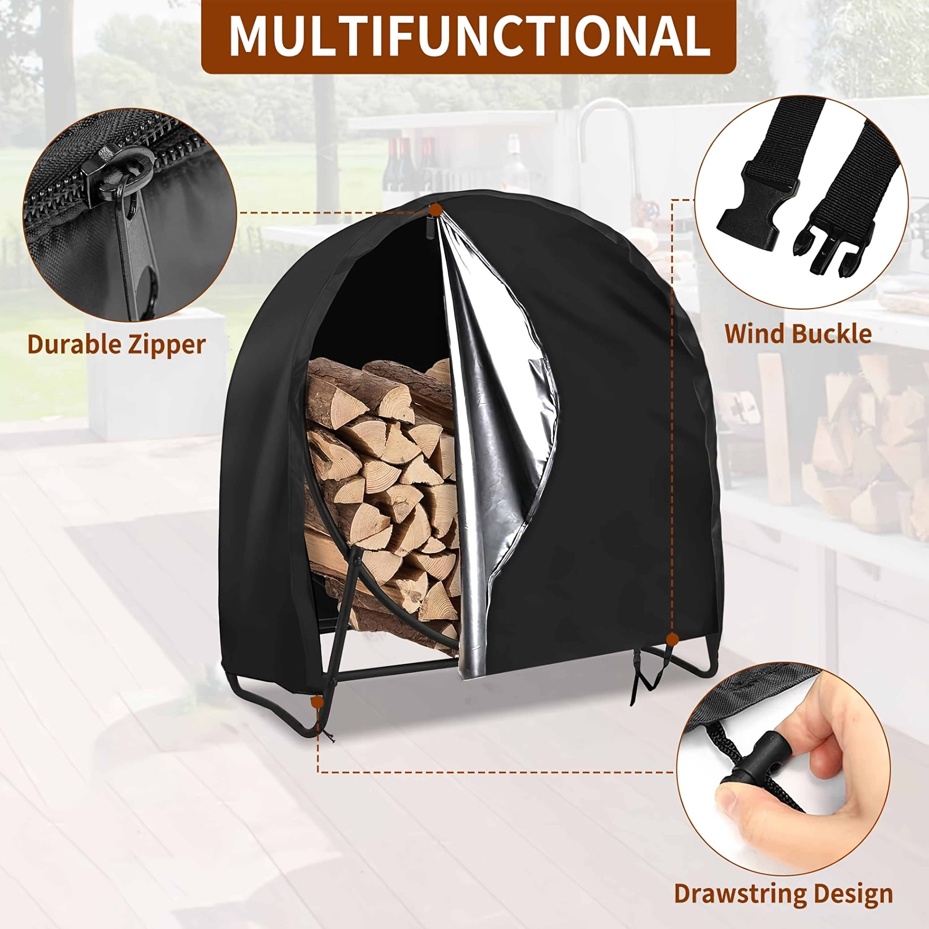 Waterproof Outdoor Log Rack Cover with Zipper and Wind Buckle for Firewood Storage