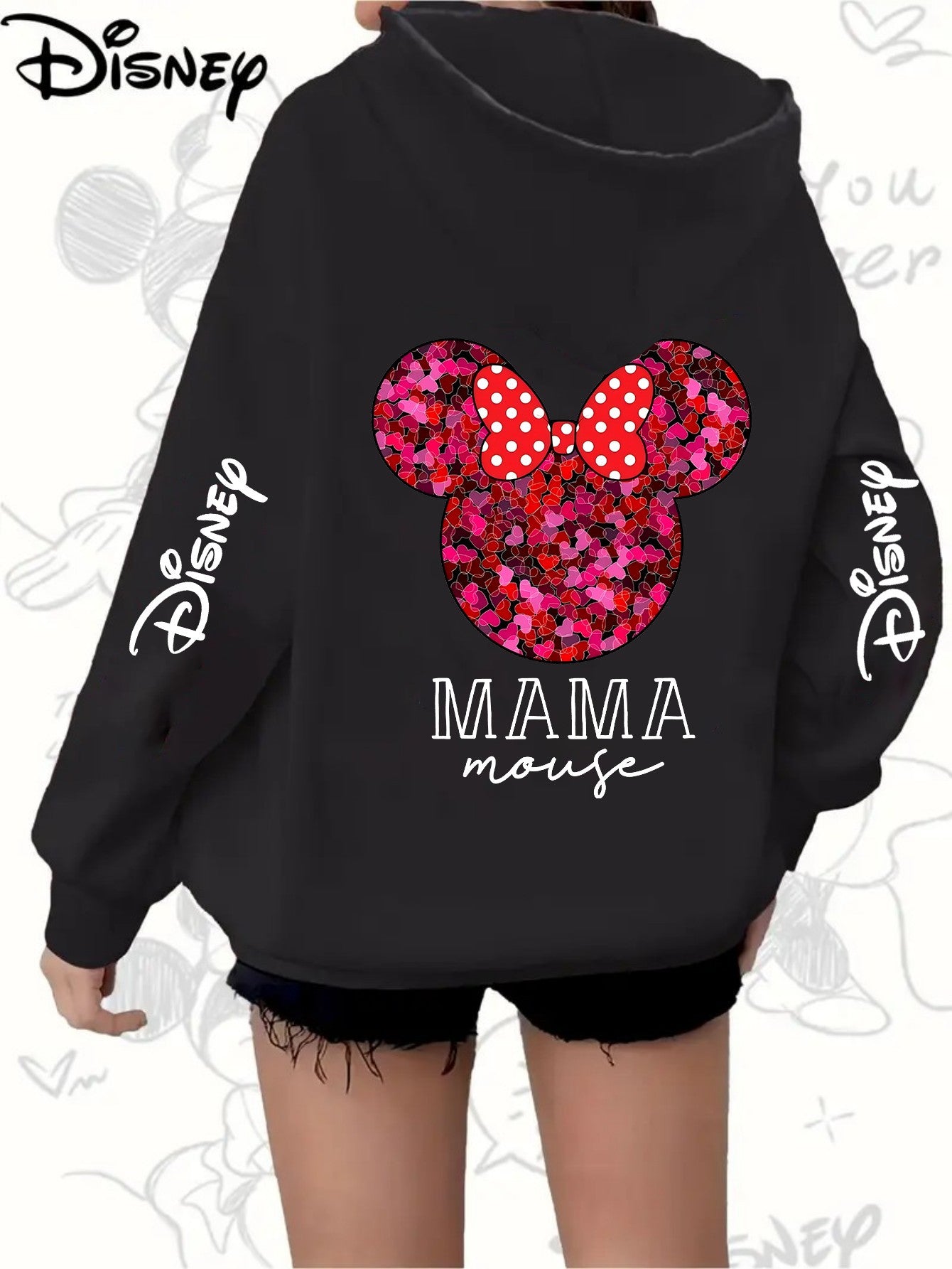 Plus Size Women's Hoodie Zip-Up Pink Red Glitter Minnie Mouse Casual Wear