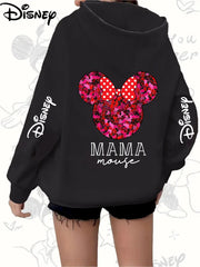 Plus Size Women's Hoodie Zip-Up Pink Red Glitter Minnie Mouse Casual Wear