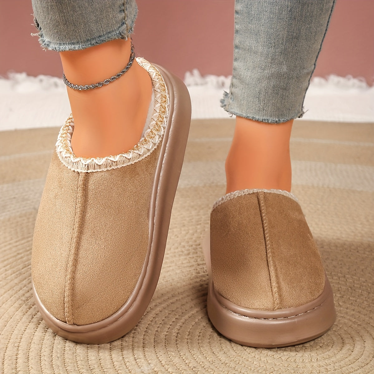 Unisex Plush Winter Slippers Soft Fabric Indoor Outdoor House Shoes Black