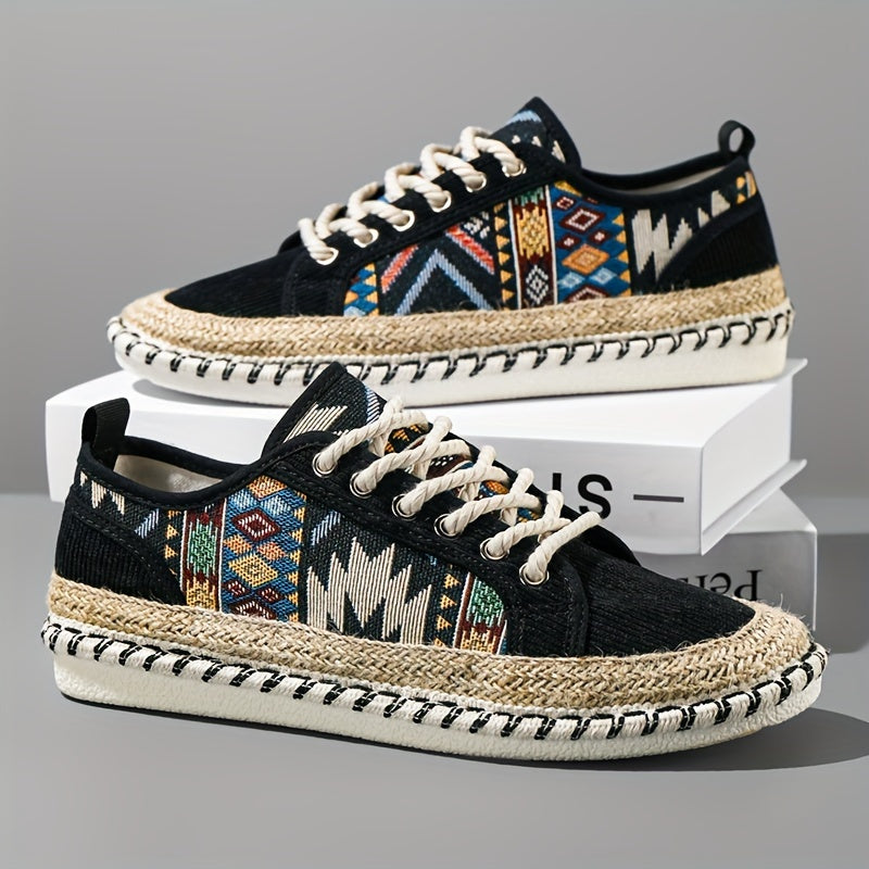 Men's Bohemian Canvas Espadrille Sneakers with Embroidered Vintage Design