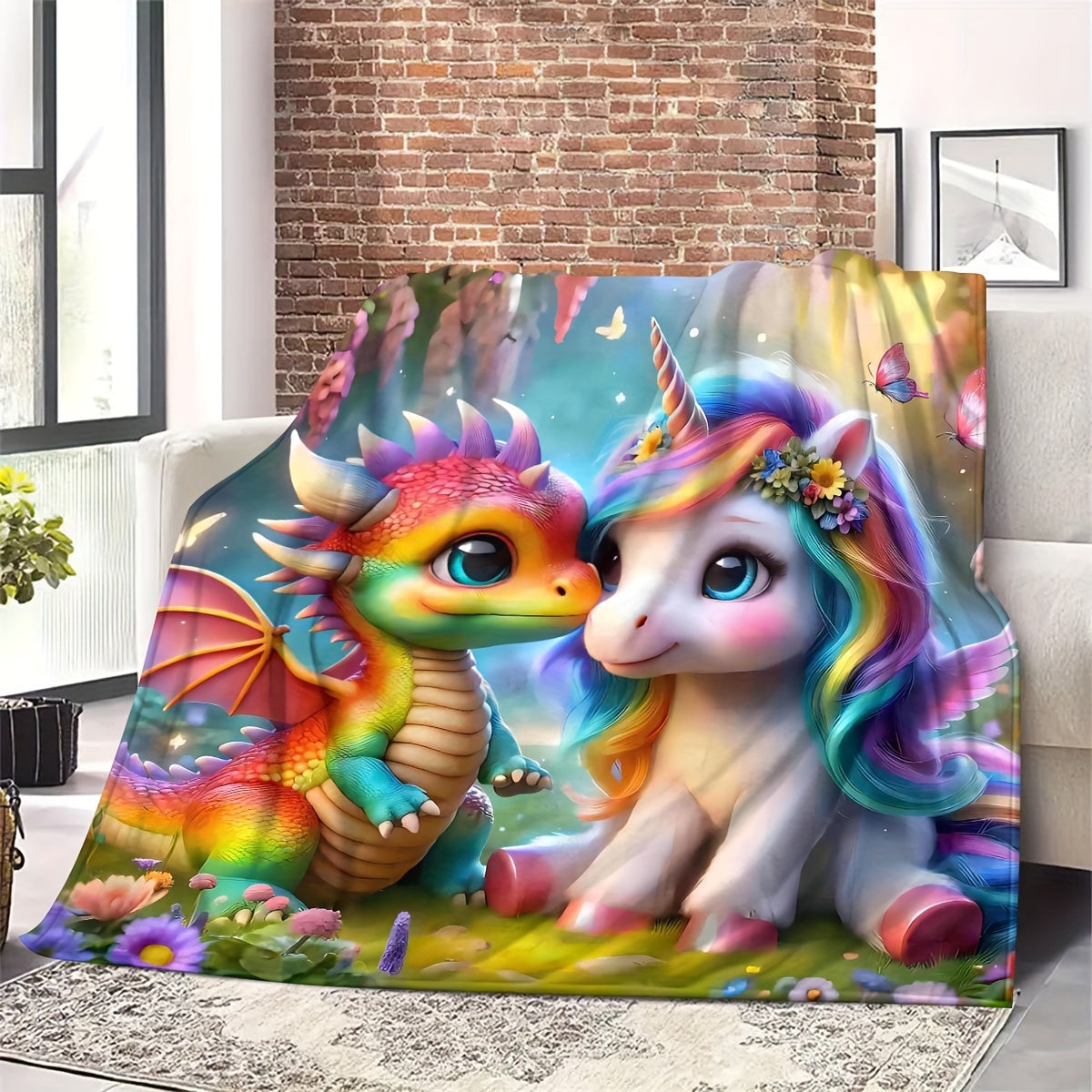 Fleece Blanket with Dinosaur and Unicorn Prints for Kids Home Office Camping