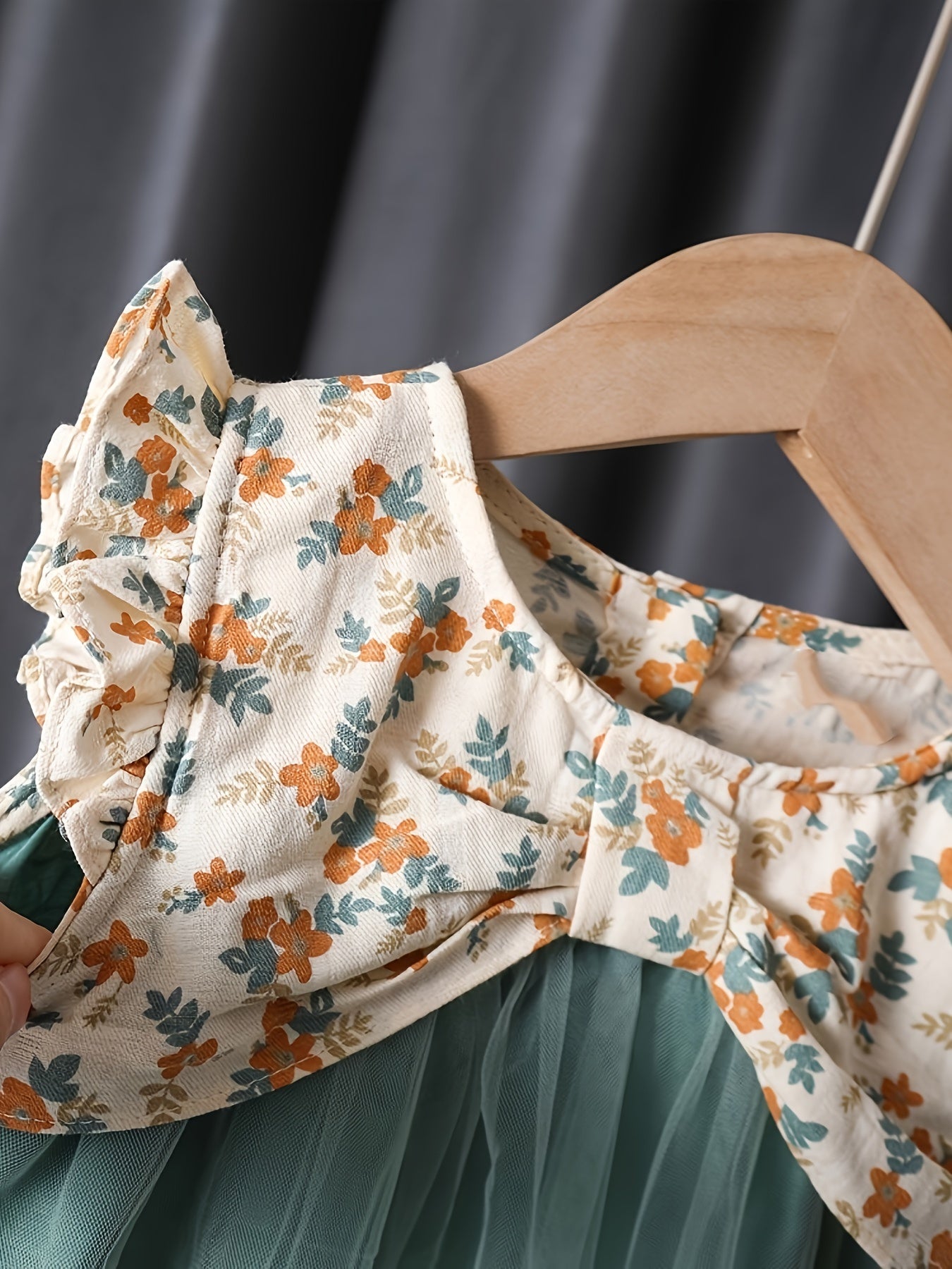 Girls Summer Floral Print Tulle Dress with Ruffle Trim and Knee Length