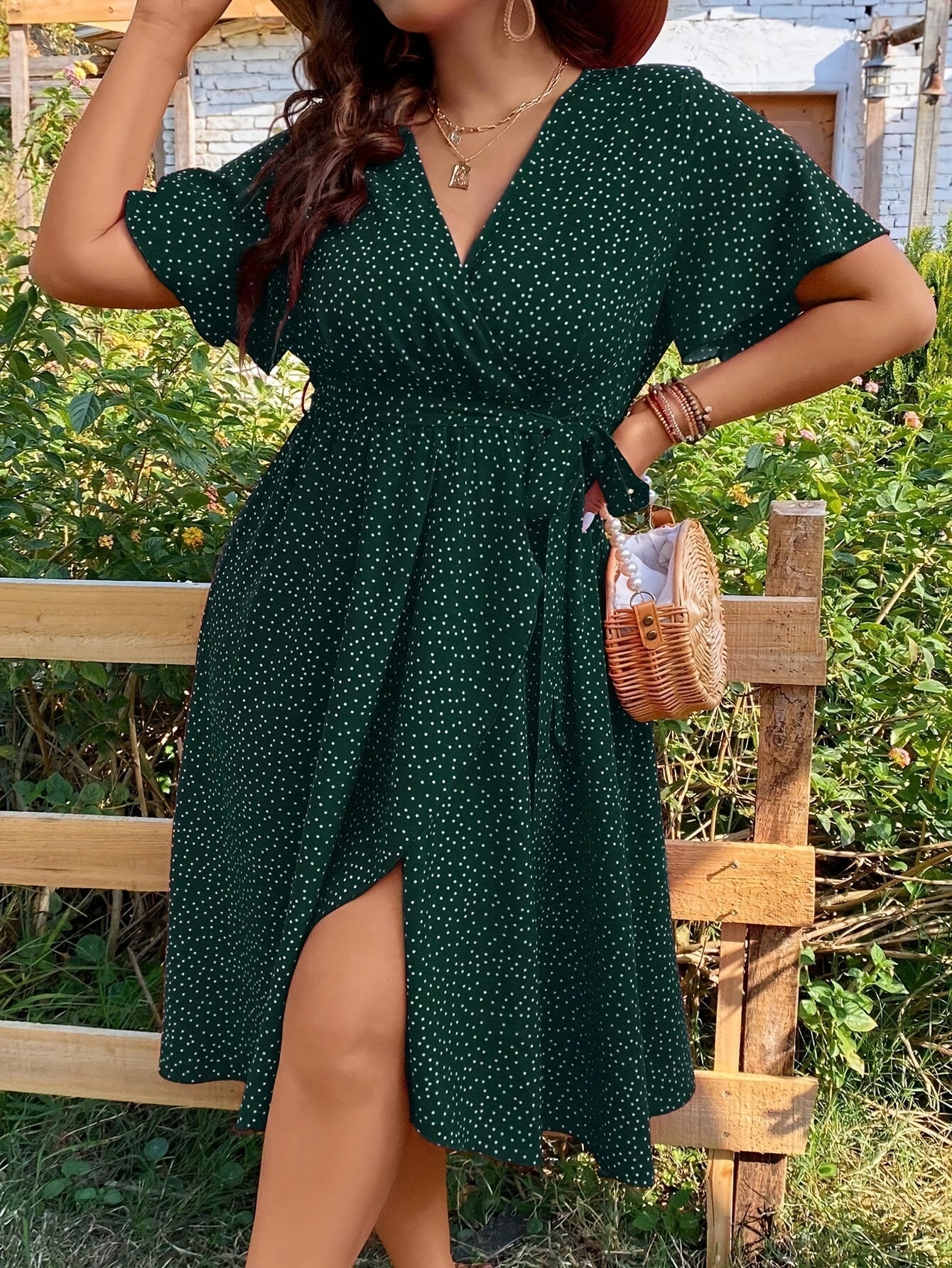Plus Size Pin Dot Print Belted Dress for Spring Summer Women’s Vacation Style