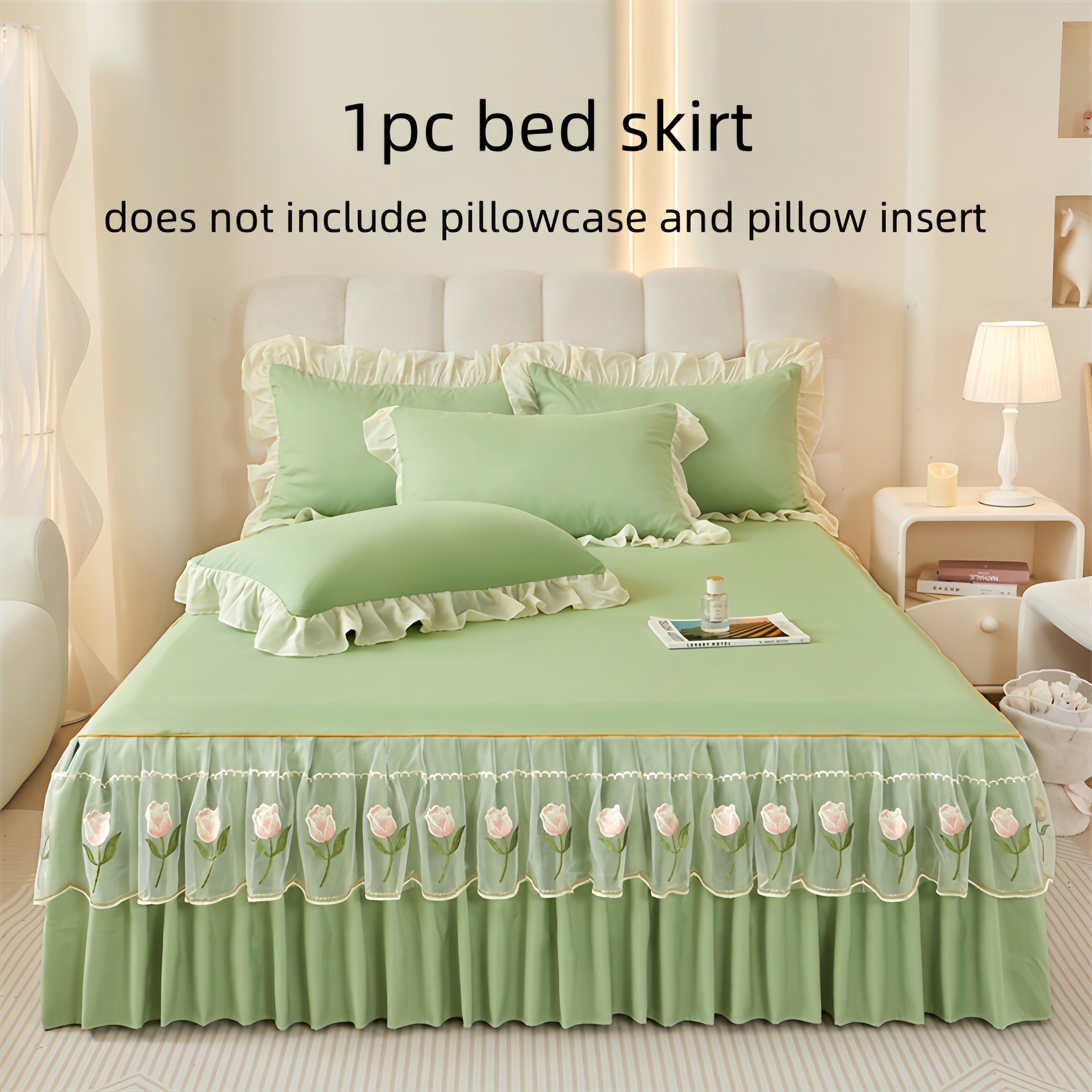 Falda de cama de lujo con borde de encaje y bordado de rosas, lavable a máquina, poliéster suave, fijación antideslizante con cinta