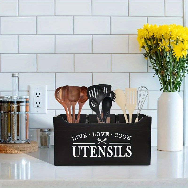 Caddy de utensilios de cocina de madera con parte superior abierta y motivo Vive, Ama, Cocina
