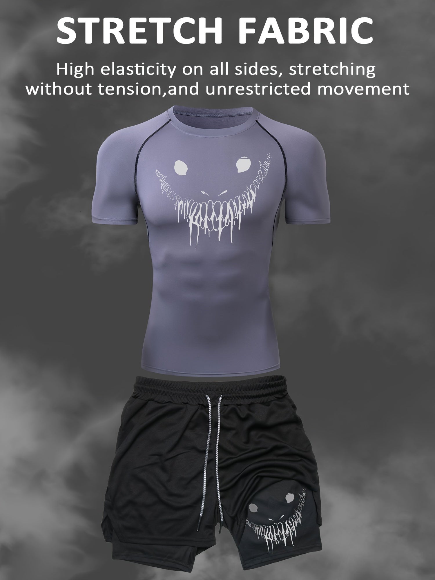 Men's Athletic Set Quick-Dry Smile Print T-Shirt and Multi-Pocket Shorts for Gym Running Outdoor