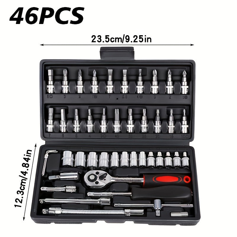 46-Piece Car Repair Tool Set with Spanners Socket Wrench Ratchet Torque Wrench Screwdriver for Cars Bicycles Motorcycles