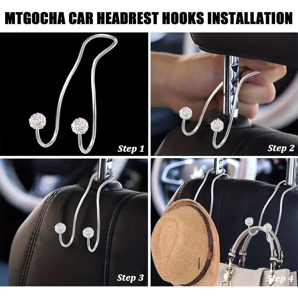 2 Pack Stainless Steel Car Seat Headrest Hooks Multi-Colored Gemstone Organizer