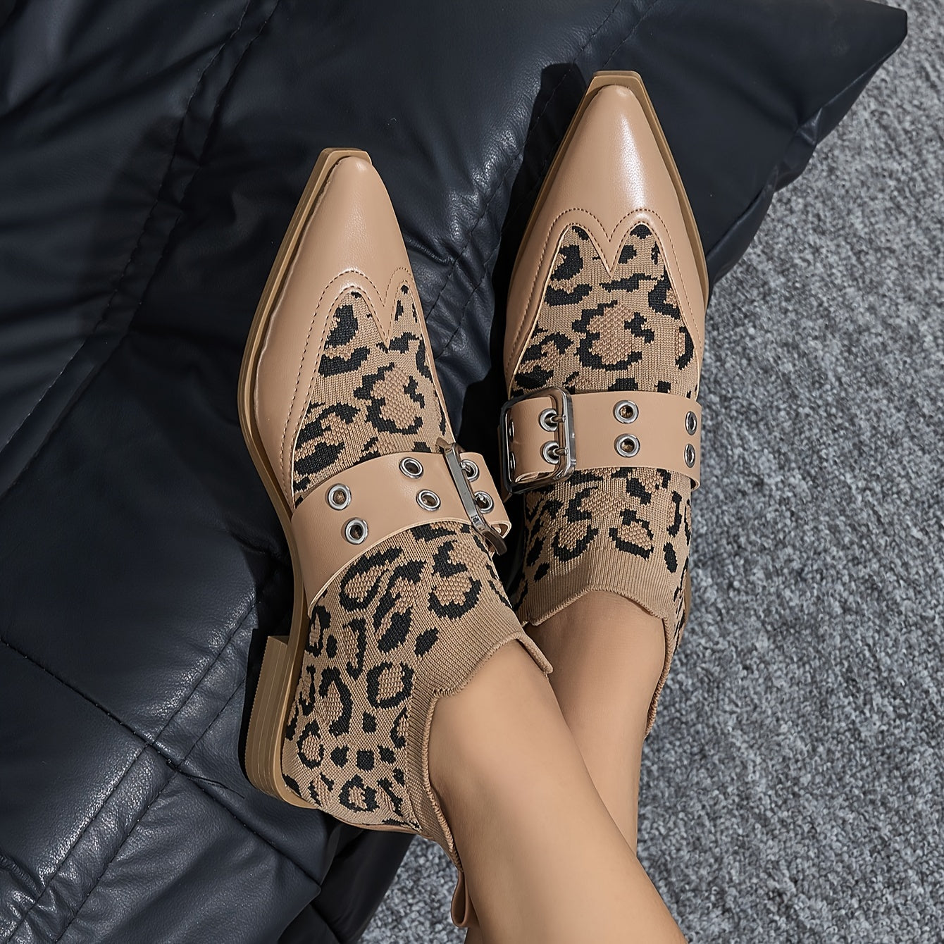 Women's Stretch Slip-On Ankle Booties with Buckle Flat Heel Pointed Toe