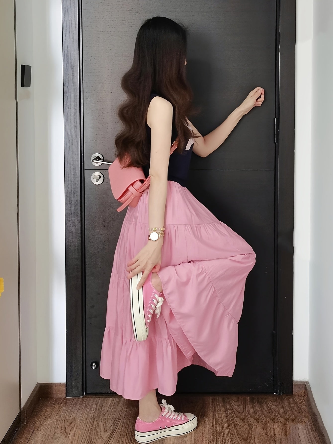 White French Long Skirt for Women Elastic Waist A-Line Casual Maxi Skirt