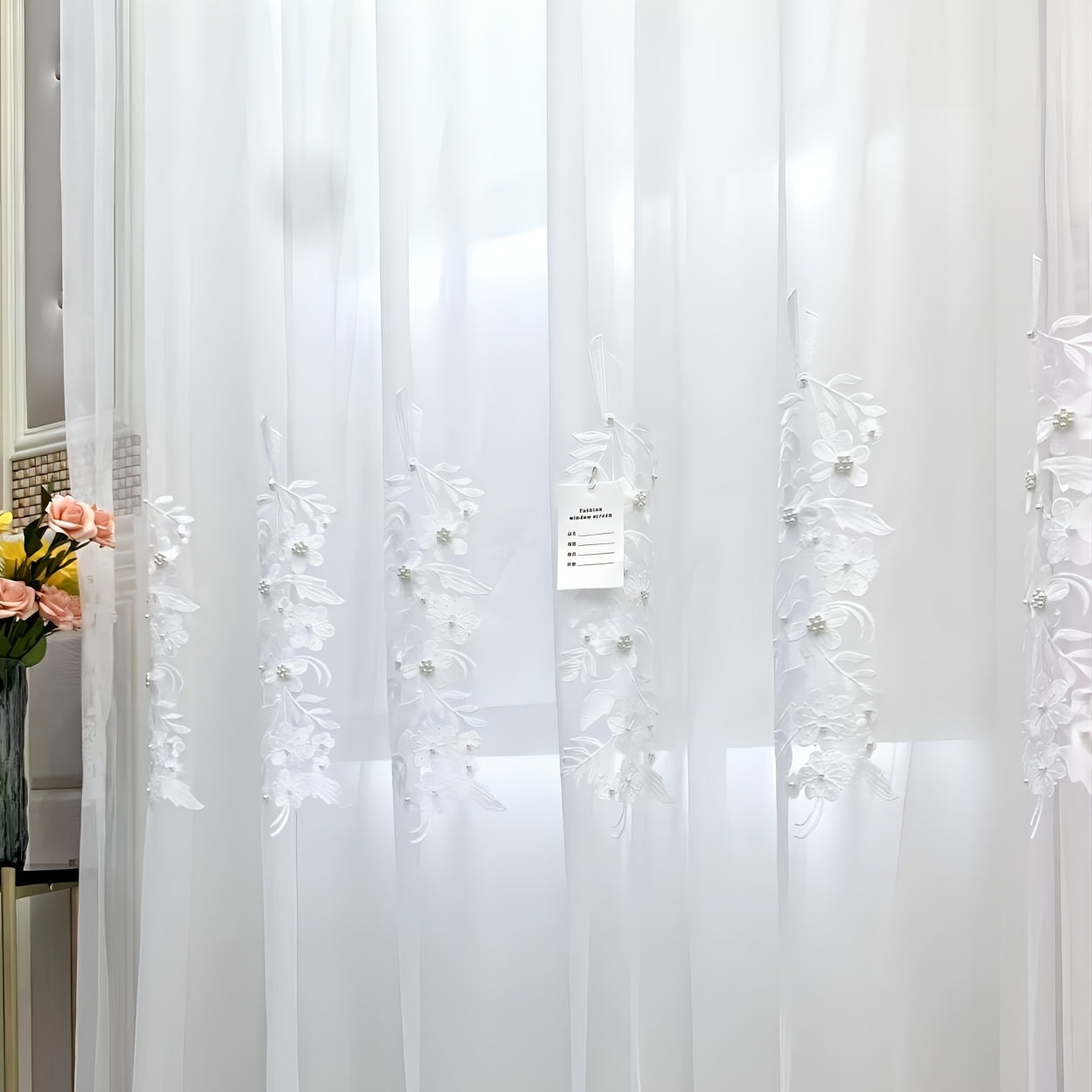 White Embroidery Yarn Curtain with Flowers and Faux Pearl Beads for Home Decor