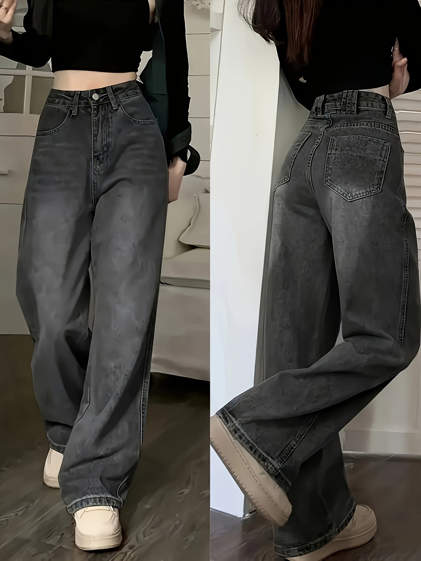 Women's High-Waisted Wide-Leg Denim Jeans Solid Color Non-Stretch Casual Long Length