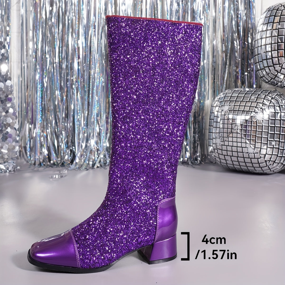 Women Glittery Purple Faux Cover High-Heel Boots with Square Toe