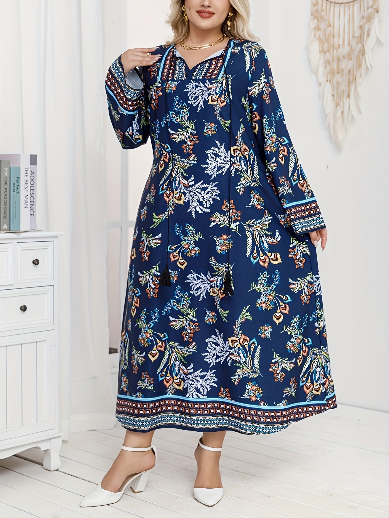 Plus Size Women's Loose Dress Middle Eastern Style Elegant Print Casual