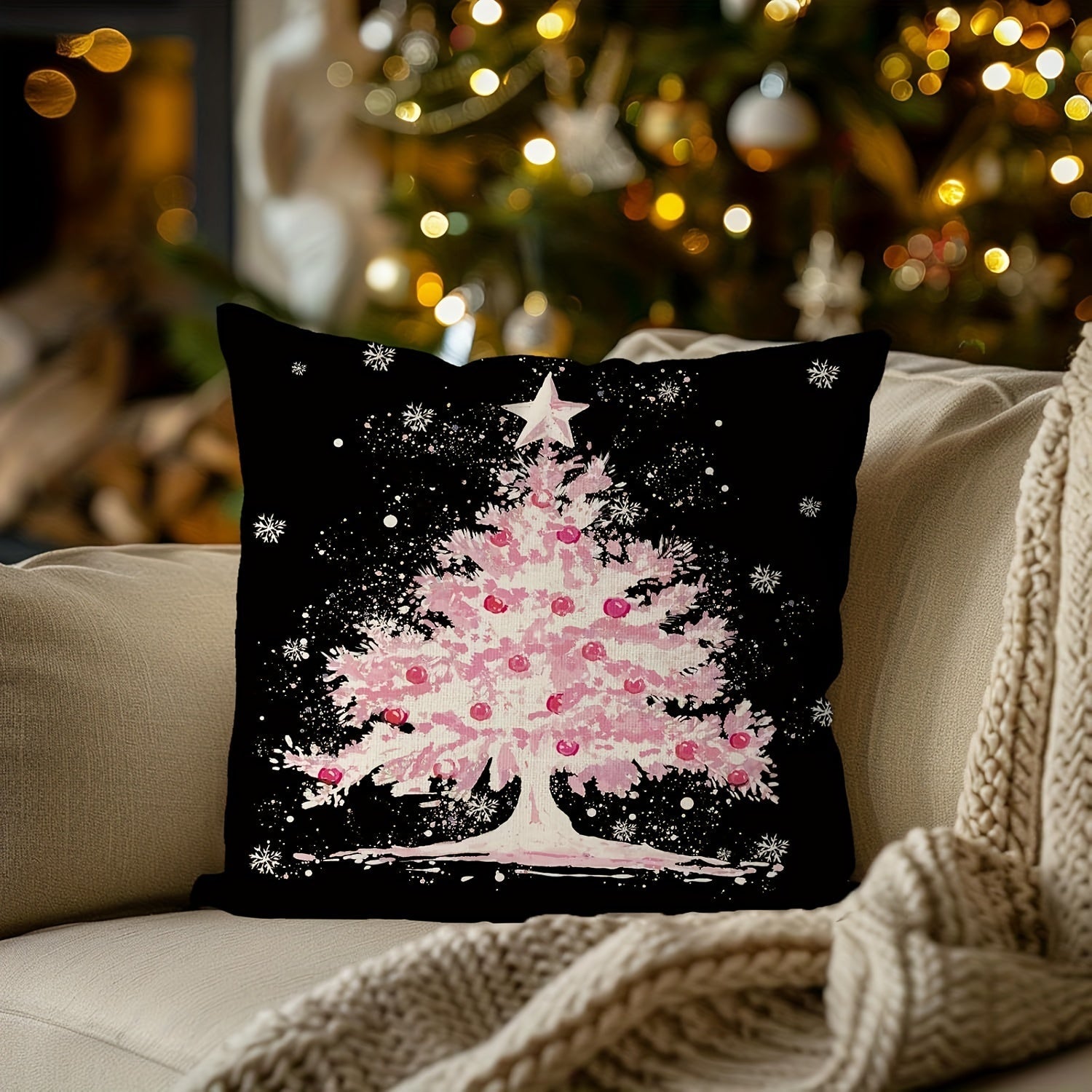 Black Linen Pillowcase with Christmas Tree Design Zip Closure Home Decor