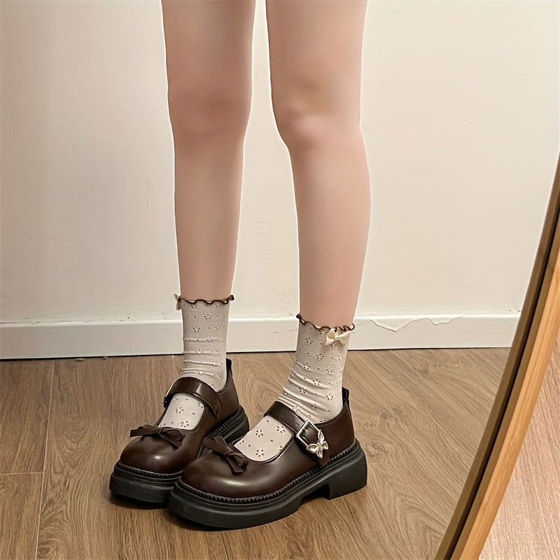 Women’s Black Synthetic Mary Jane Shoes with Bow, Rubber Sole