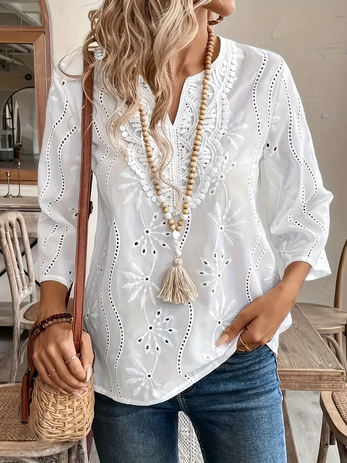 Women's V-Neck Blouse with Lace Detail Solid Cotton Blend Spring Summer Fall