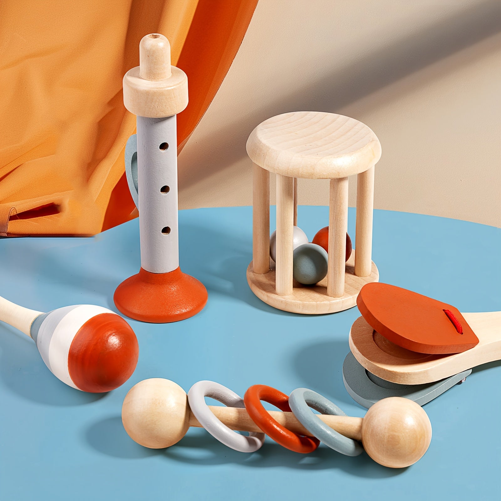 Juego de 5 instrumentos musicales de madera para niños pequeños, juguete educativo de madera natural para escuchar y habilidades motrices