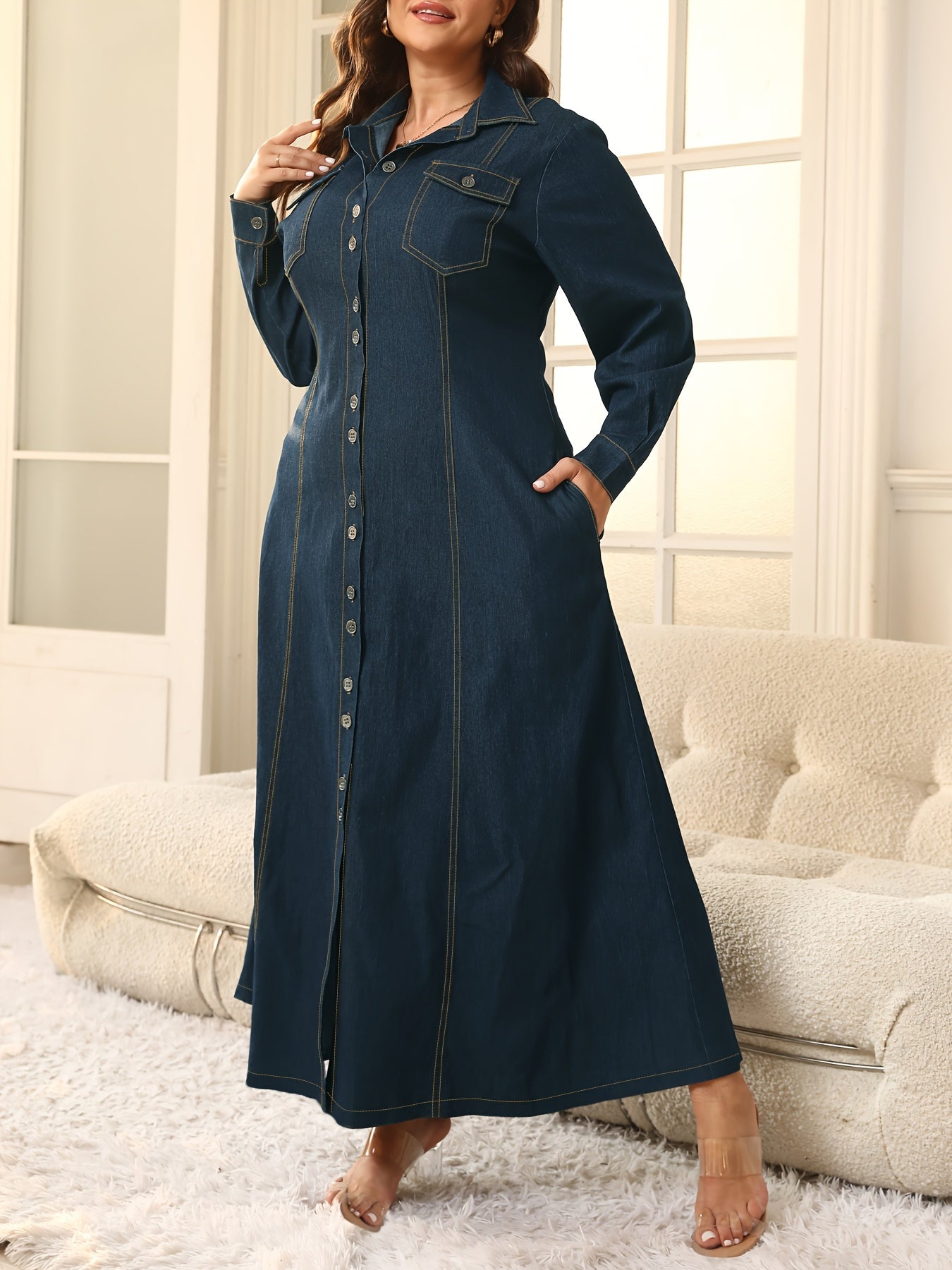 Elegant Fitted Rayon Dress with Lapel Collar for Fall Winter