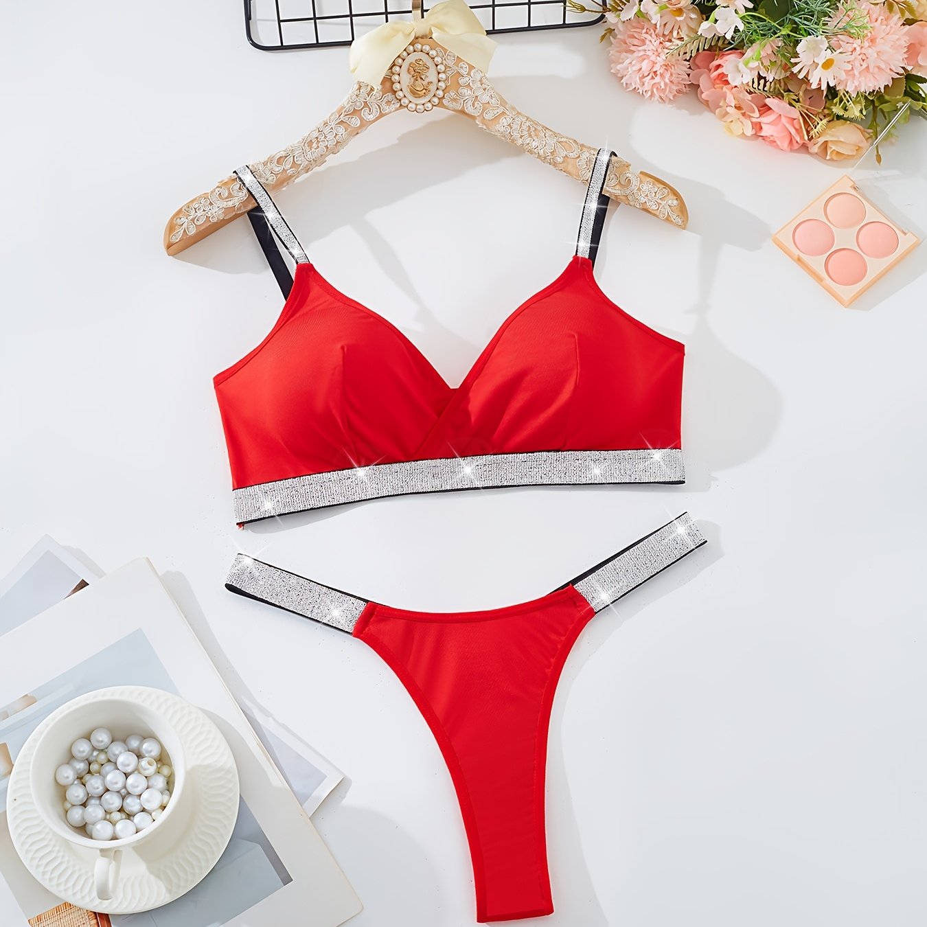 Silver Lingerie Set for Women, Strappy Polyester Knit Bralette and Thong