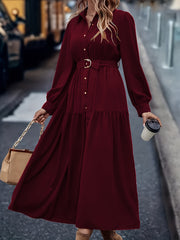 Women's Middle Eastern Style Polyester Shirt Dress with Lantern Sleeves and Ruffled Hem for Spring Fall