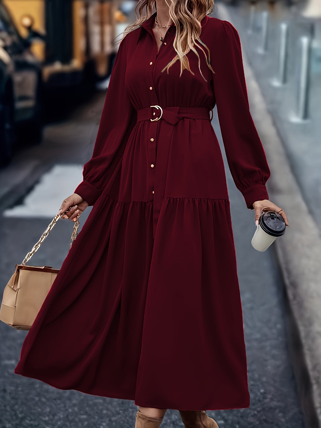 Women's Middle Eastern Style Polyester Shirt Dress with Lantern Sleeves and Ruffled Hem for Spring Fall