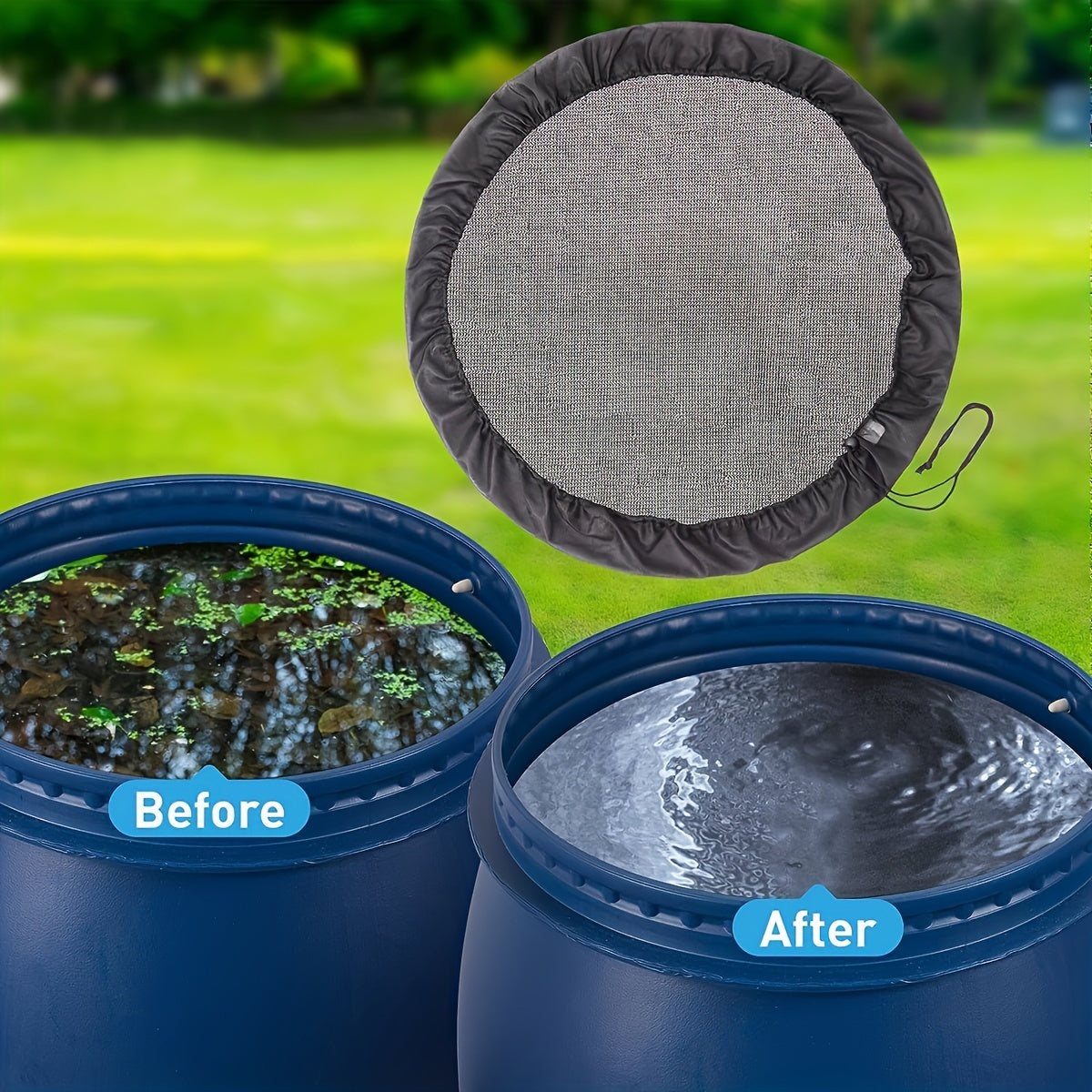 Мешковая крышка для дождевого бочка синяя, моющаяся, с вентиляционными отверстиями и шнурком