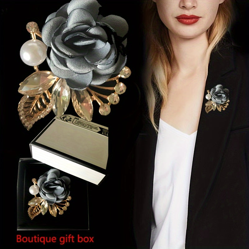 Metal Flower Brooch Pin with Rhinestones and Pearl Details Red and Grey Rose Design Gift Box Fashion Accessory
