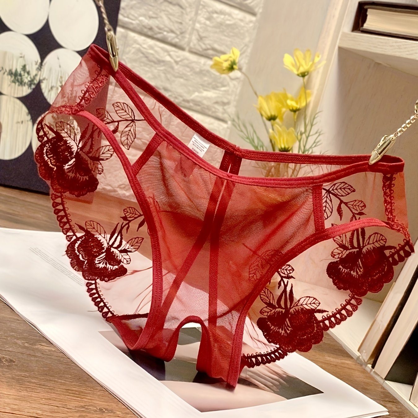 Women's Erotic Lingerie Lace Embroidery Mesh Triangle Underwear
