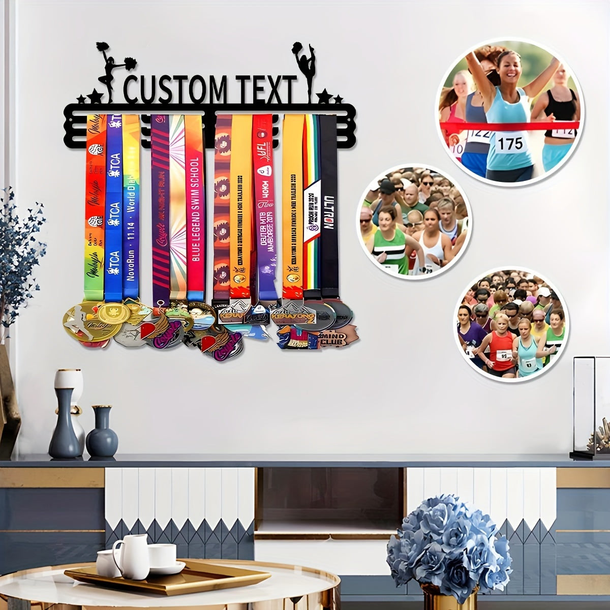 Black Art Deco Style Wall Mount Medal Display Rack with Hooks for Home and Outdoor Decor