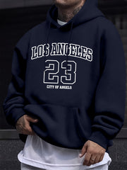 Men's Navy Blue Geometric Pattern Hoodie with Drawstring Hood and Kangaroo Pocket