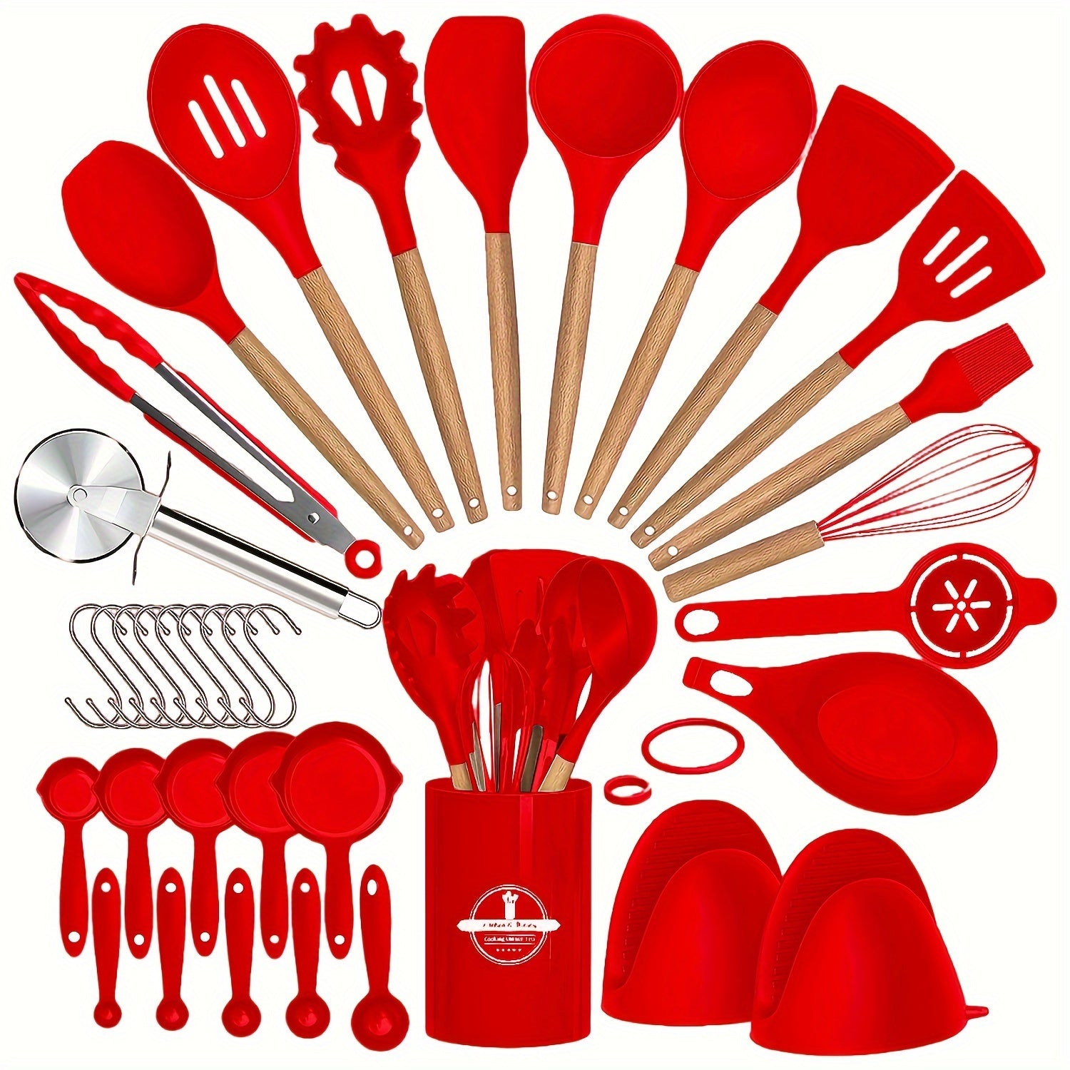 36-Piece Silicone Kitchen Utensil Set with Wooden Handles, Heat-Resistant Non-Stick Tools