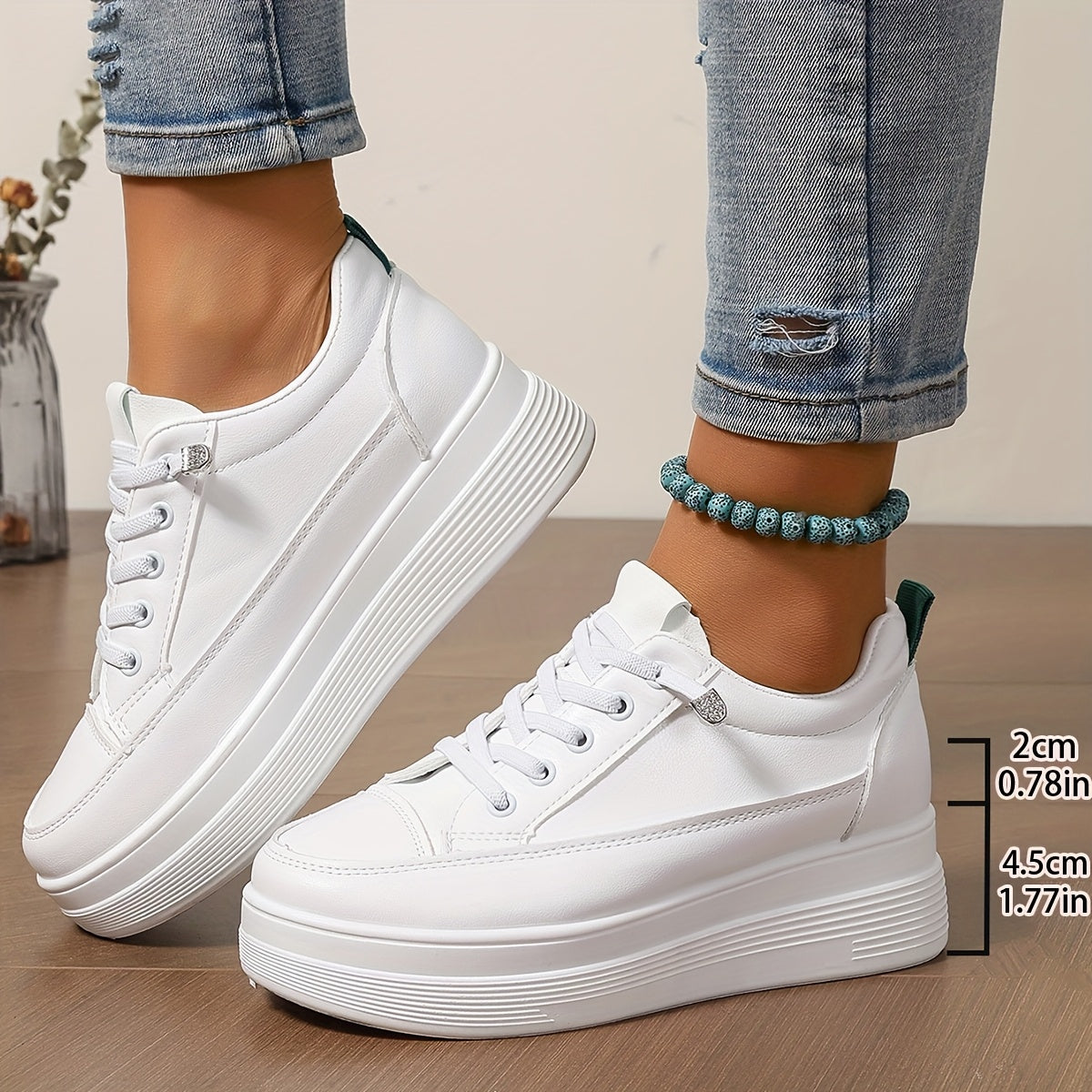 Women's White Platform Sneakers with Rubber Sole and Sequin Detail