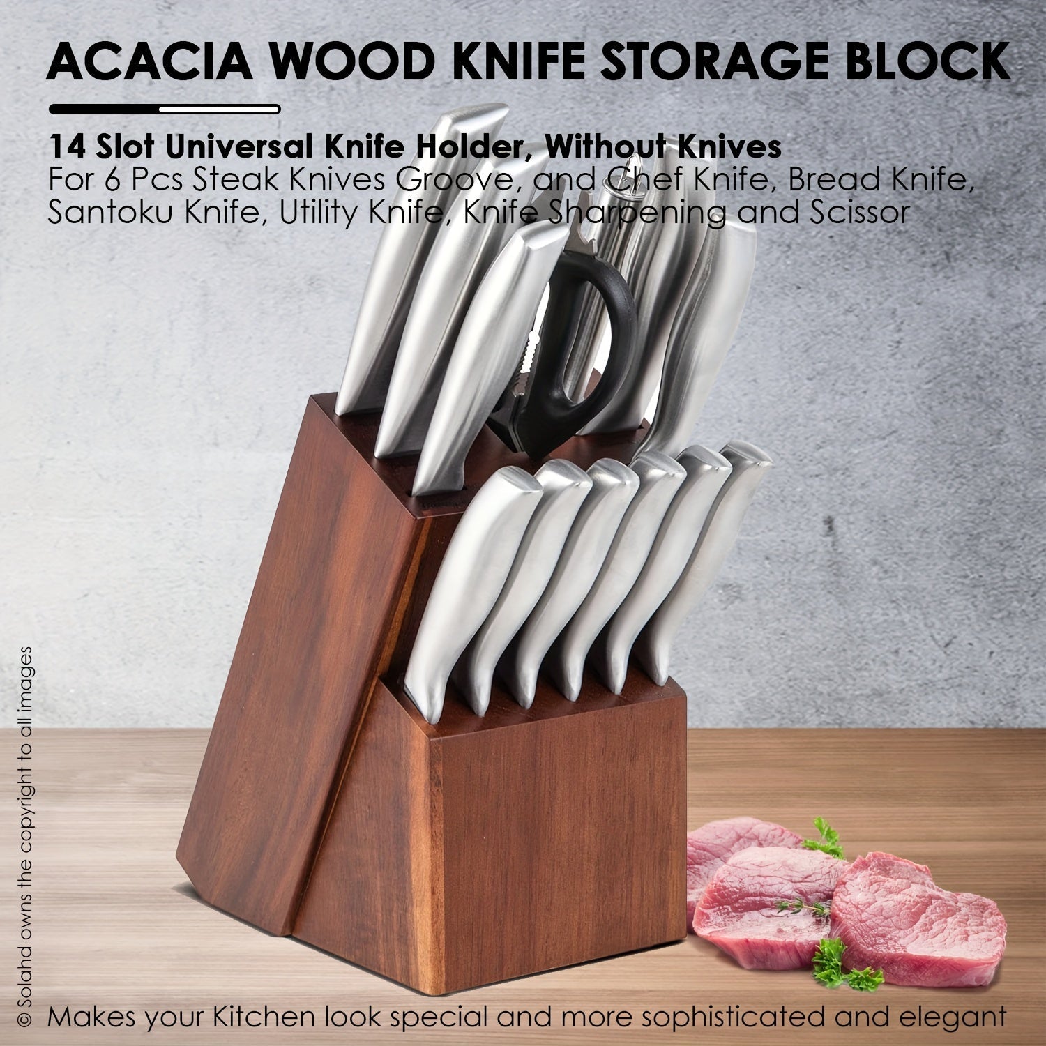 Acacia Wood Knife Block with 14 Slots for Kitchen Knives and Sharpening