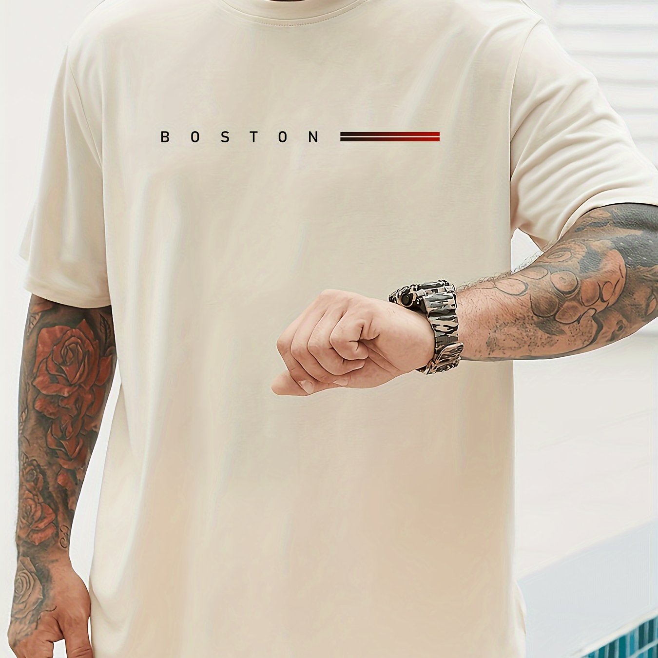 Men's Navy Blue Cotton Graphic T-Shirt with Red and White Stripes Casual Crew Neck Plus Size