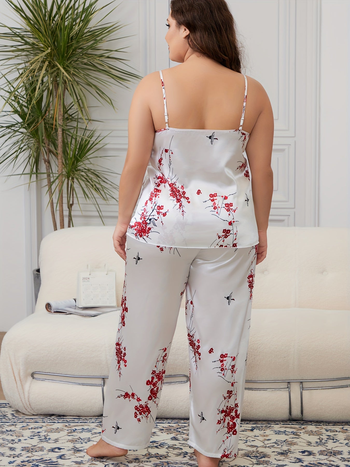 Plus Size Pajama Set with Floral Satin Robe and Lace Camisole