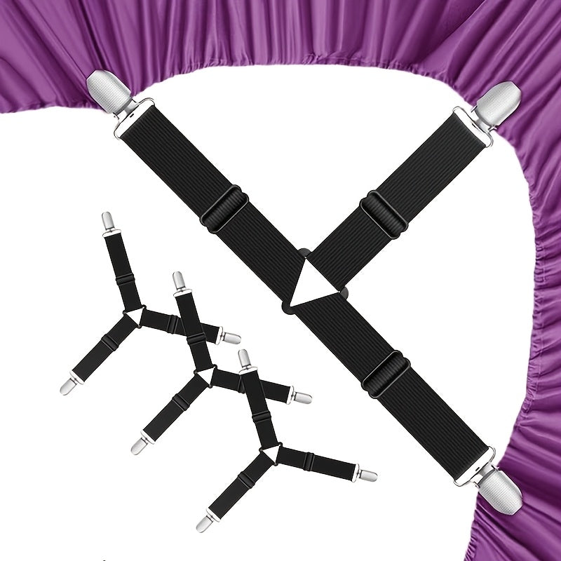 4-Piece Sheet Fastener Set with Adjustable Elastic Straps and Metal Clips for Mattress Bedding