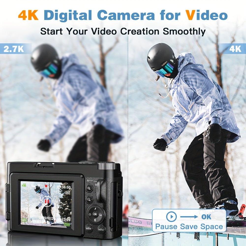 4K Ultra HD Digital Camera with 48MP Auto-Focus 16X Zoom 180° Flip Screen Black