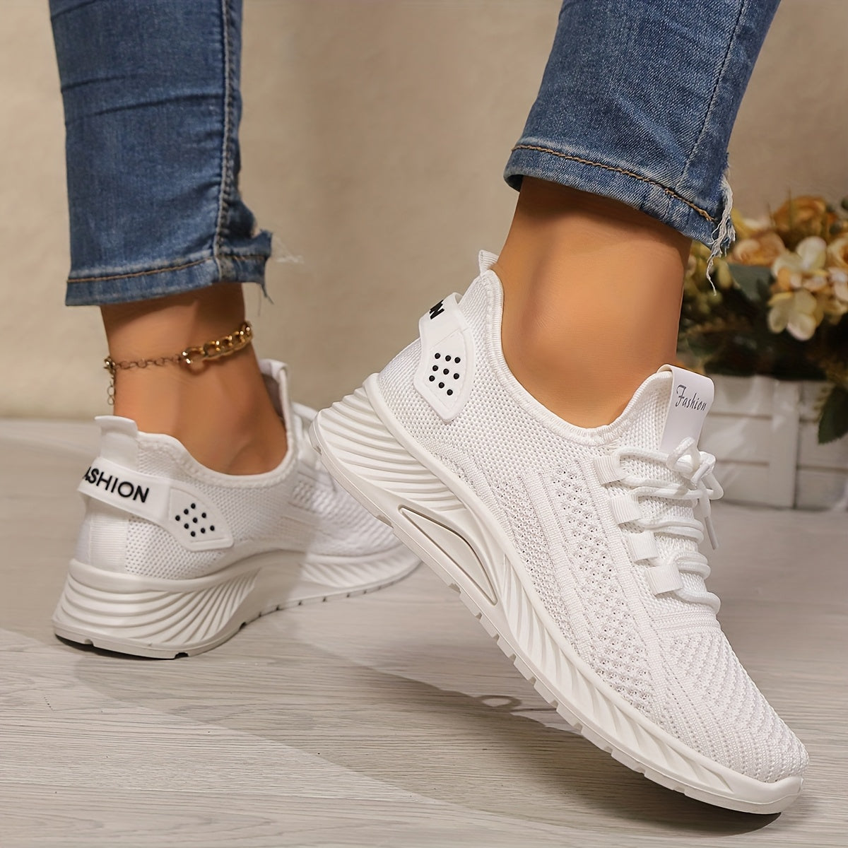 Women's Breathable Knit Sneakers Casual Shoes All-Season Lace-Up