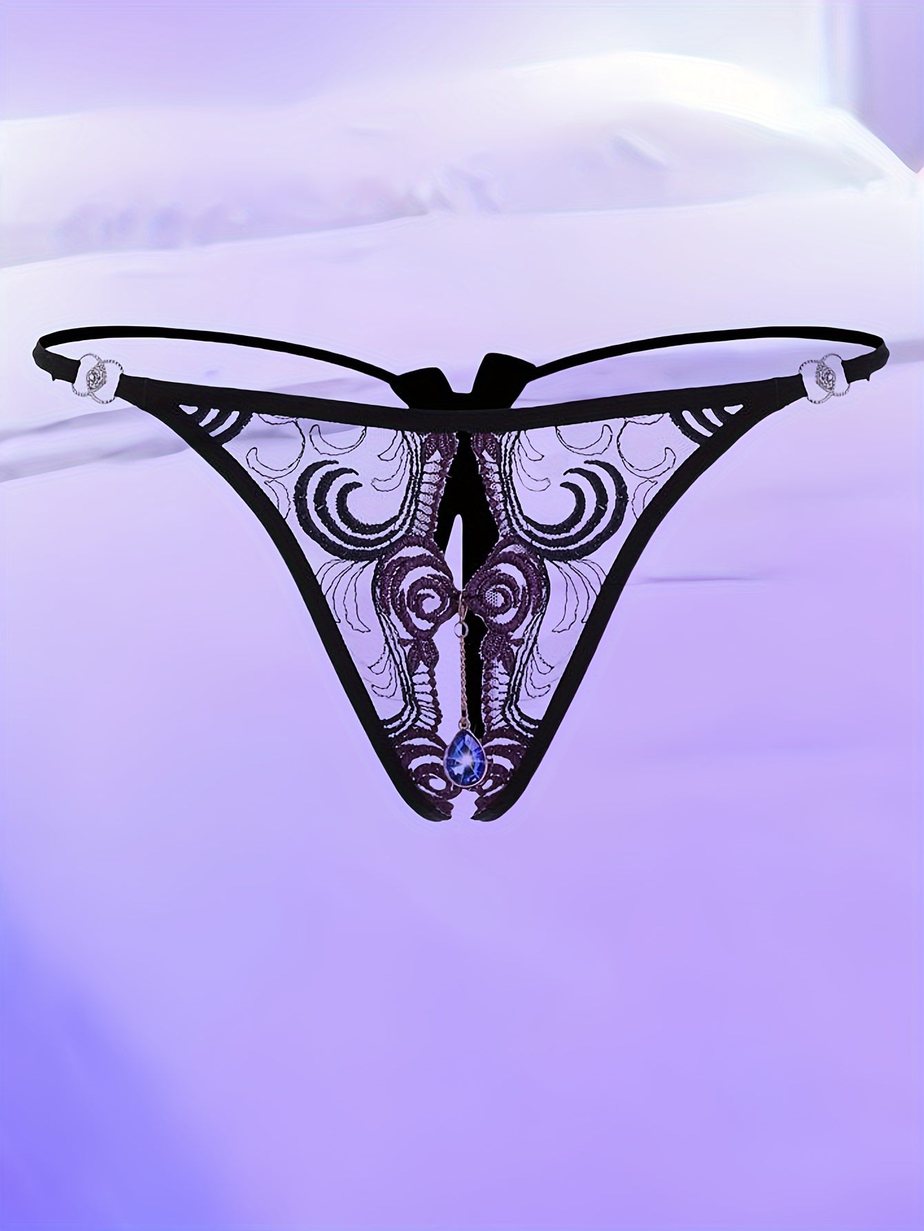 Women's Low-Waist Lingerie T-Pants with Transparent Fabric Embroidery and Rhinestones