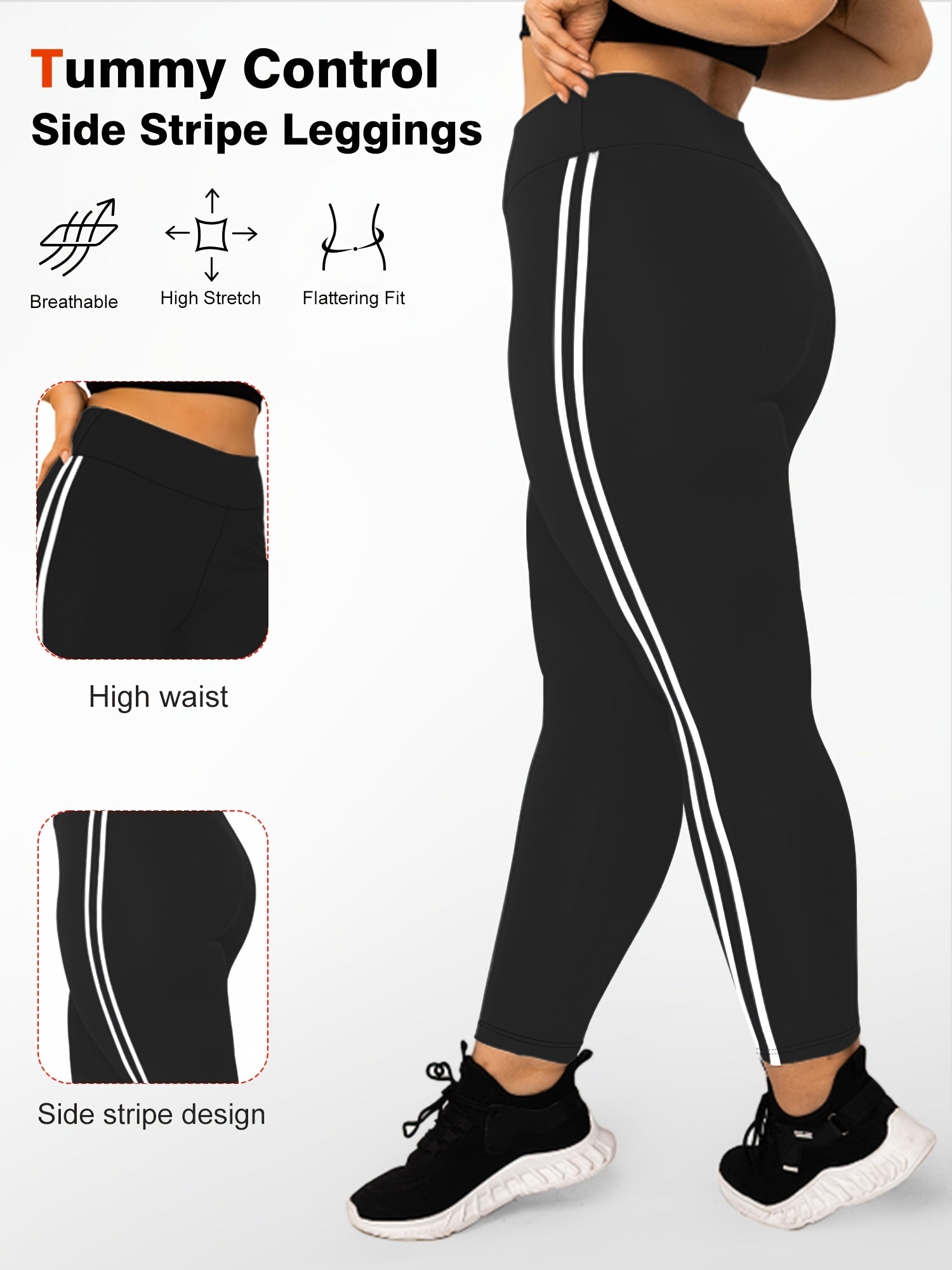 Plus Size High-Waisted Side Stripe Leggings for Spring and Summer