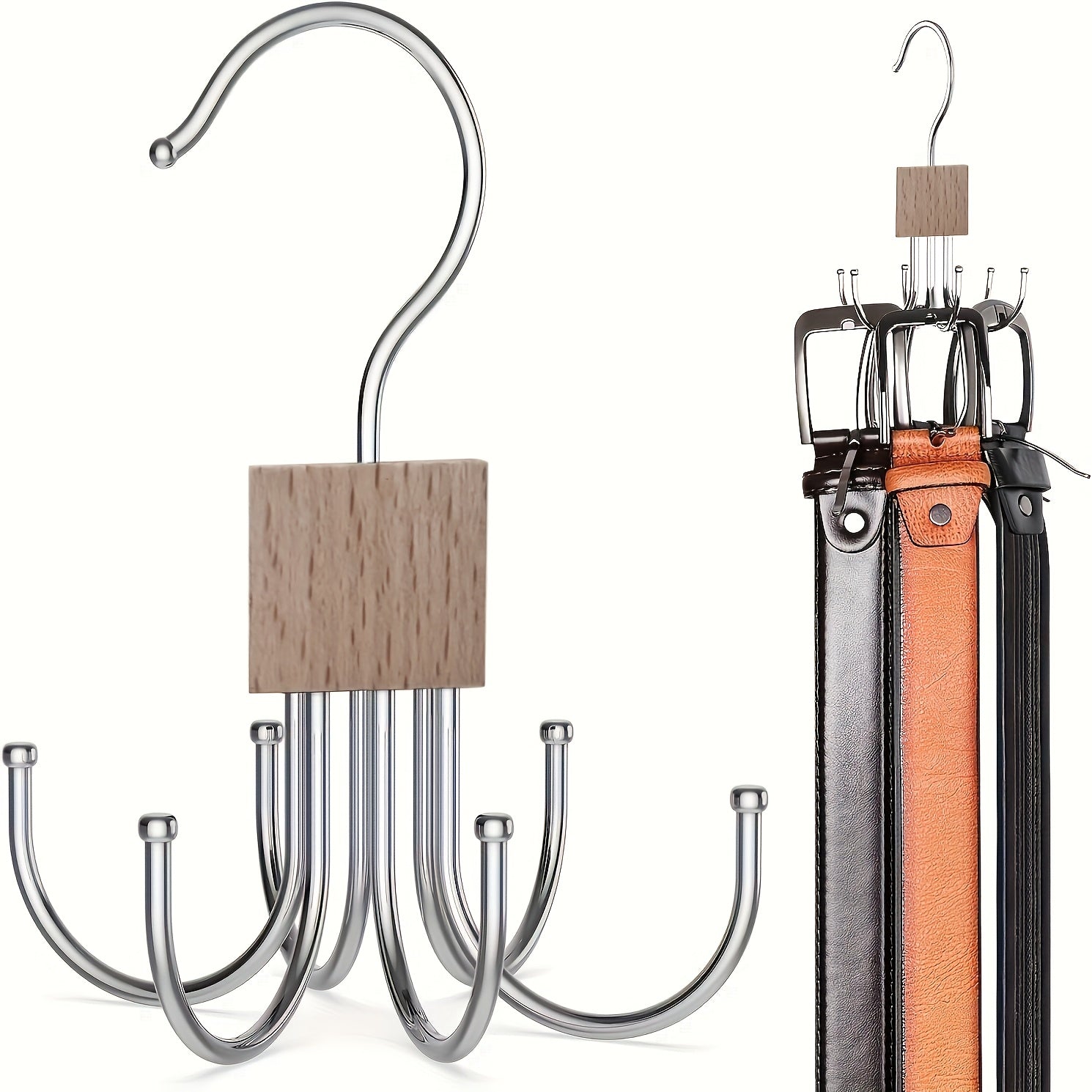 Rotating Wood Belt Hanger Organizer with Stainless Steel Hooks for Closet Storage