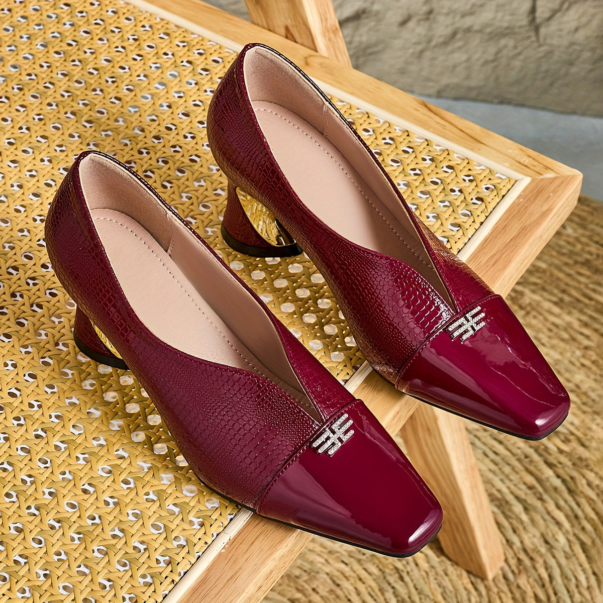 Women Fashion High Heels Small Square Toe Diamond Buckle Chunky Heel